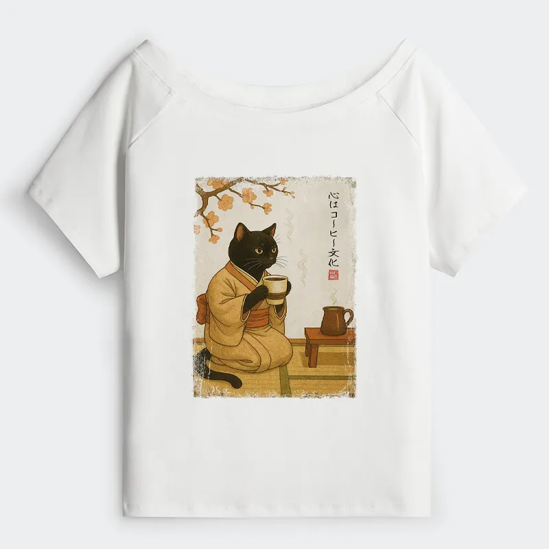 Tokyo-Tiger Cat Heart Full Of Coffee Off Shoulder T-Shirt