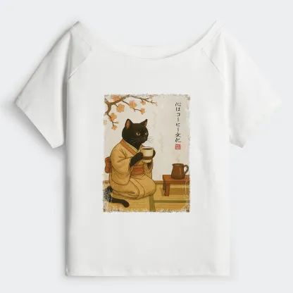 Tokyo-Tiger Cat Heart Full Of Coffee Off Shoulder T-Shirt
