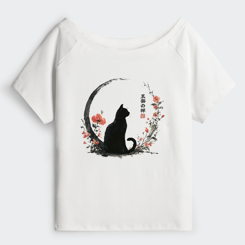 okyo-Tiger Black Cat And Flowers Off Shoulder T-Shirt