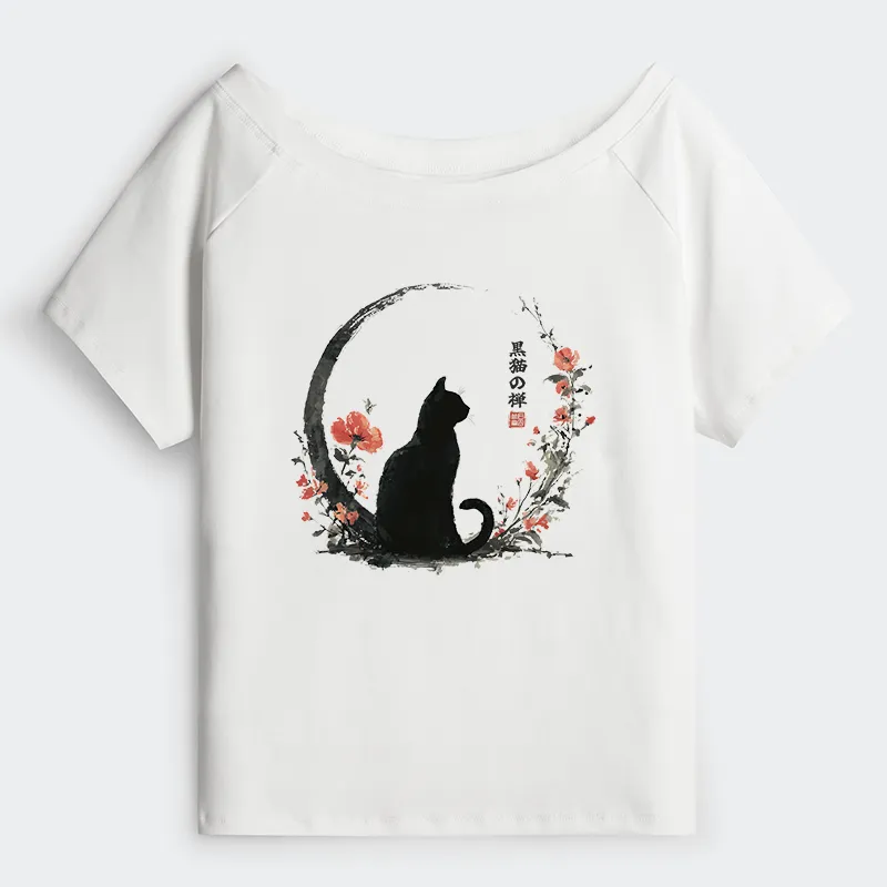 okyo-Tiger Black Cat And Flowers Off Shoulder T-Shirt