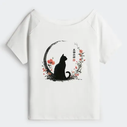 okyo-Tiger Black Cat And Flowers Off Shoulder T-Shirt
