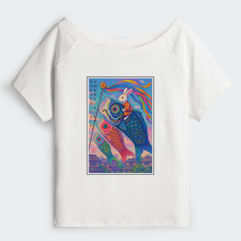 Tokyo-Tiger Ukiyoe Rabbit Ride Carp Streamer Poster Off Shoulder T-Shirt