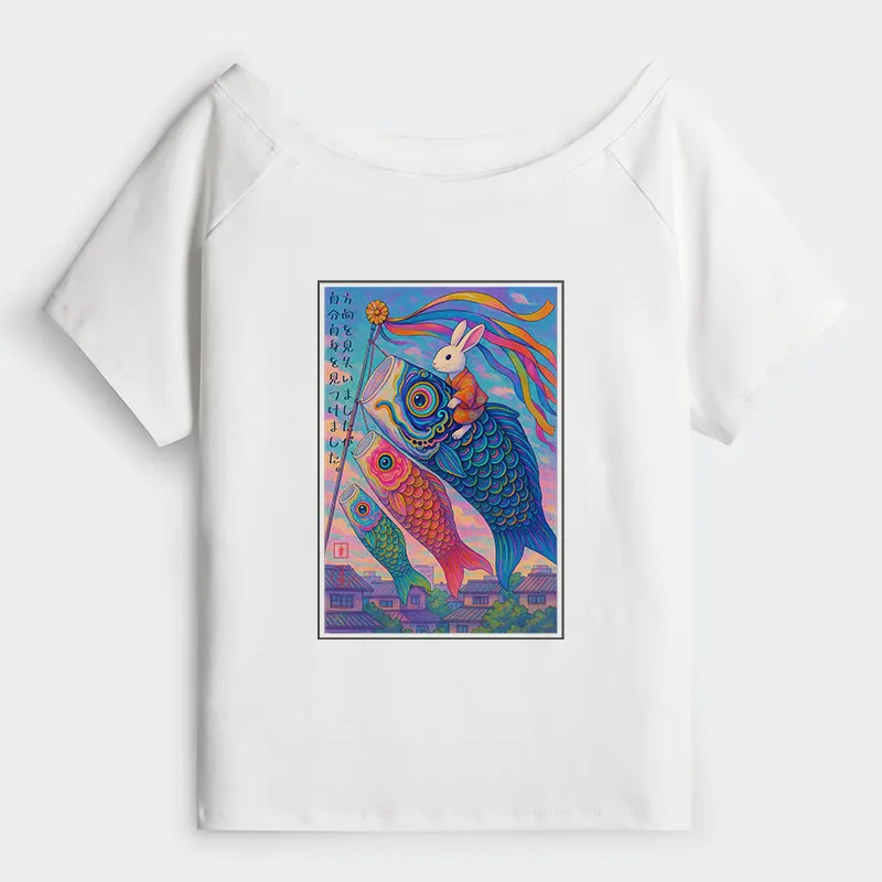 Tokyo-Tiger Ukiyoe Rabbit Ride Carp Streamer Poster Off Shoulder T-Shirt