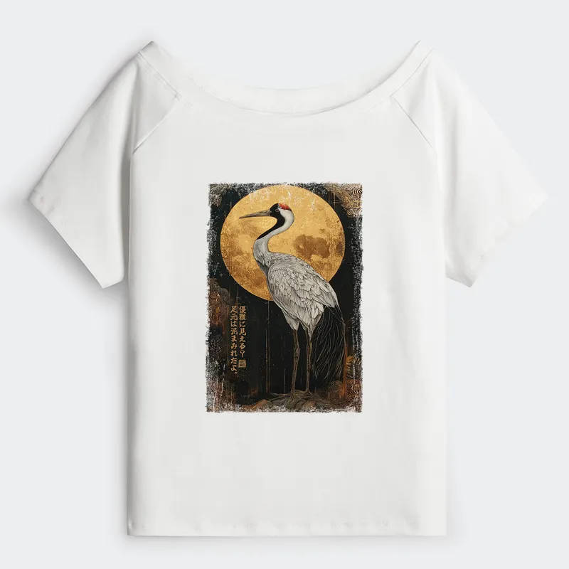 Tokyo-Tiger Vintage Japanese Crane Kanji Off Shoulder T-Shirt