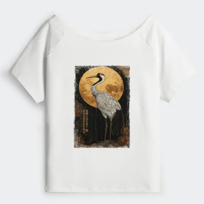 Tokyo-Tiger Vintage Japanese Crane Kanji Off Shoulder T-Shirt