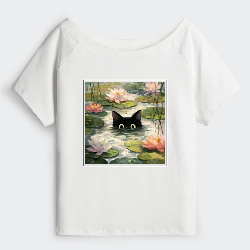 Tokyo-Tiger Black Cat and Lotus Flower Off Shoulder T-Shirt