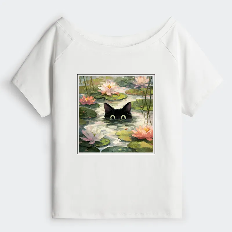Tokyo-Tiger Black Cat and Lotus Flower Off Shoulder T-Shirt