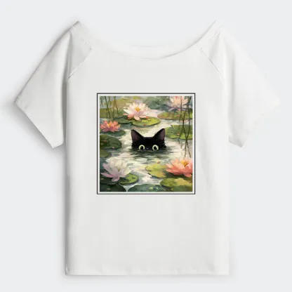 Tokyo-Tiger Black Cat and Lotus Flower Off Shoulder T-Shirt