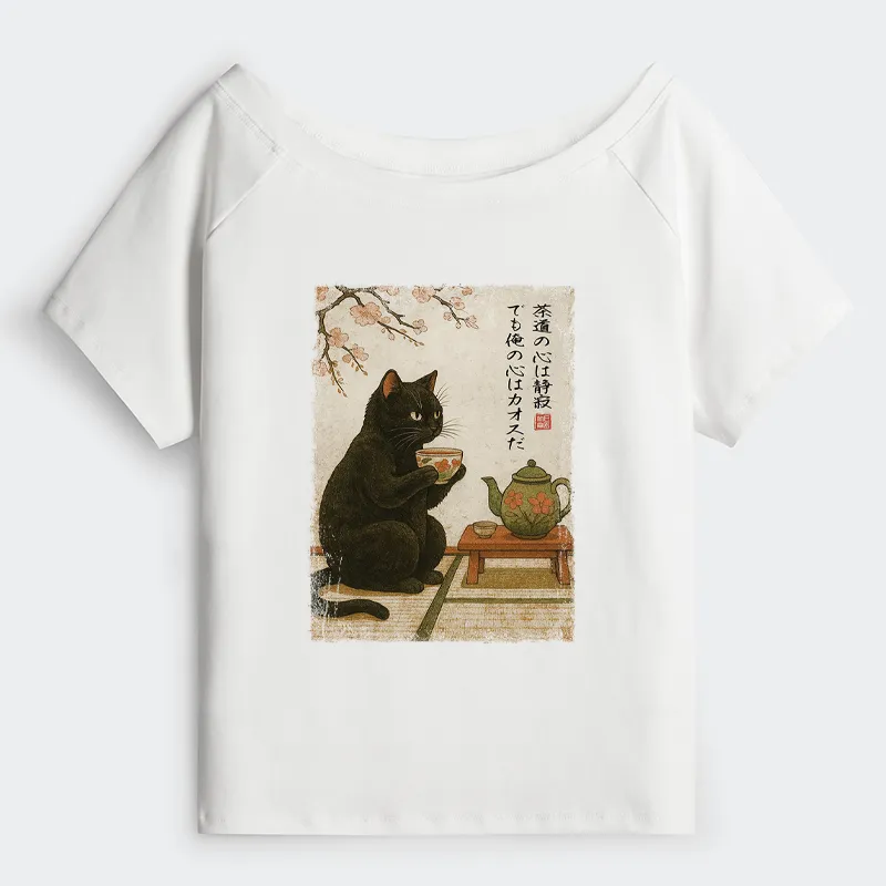 Tokyo-Tiger Tea Time With A Black Cat Off Shoulder T-Shirt
