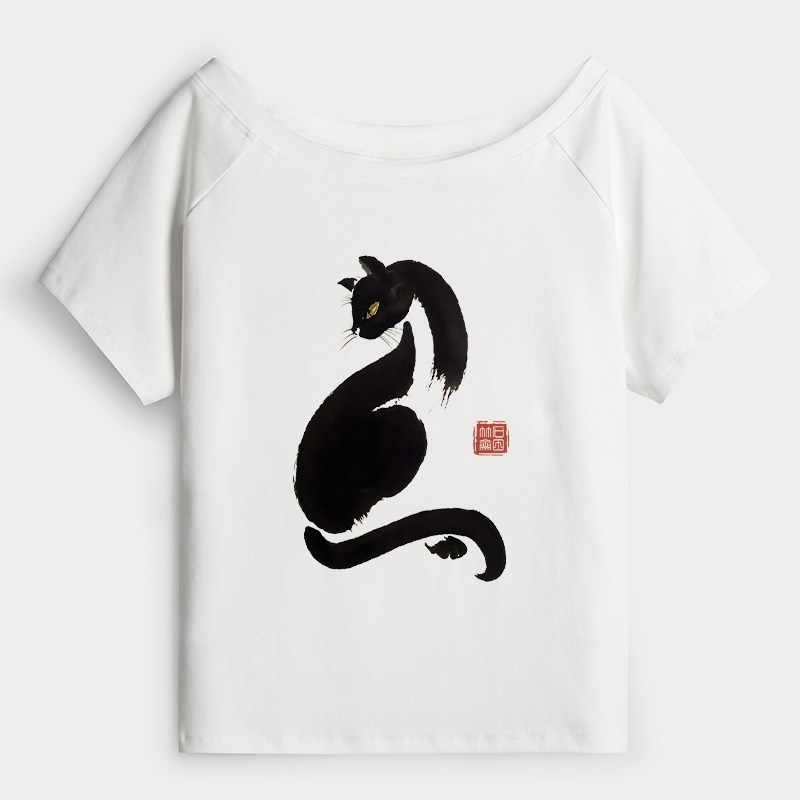 Tokyo-Tiger Elegant Black Cat Japan Off Shoulder T-Shirt