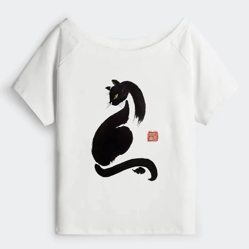 Tokyo-Tiger Elegant Black Cat Japan Off Shoulder T-Shirt