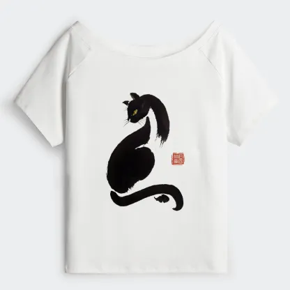 Tokyo-Tiger Elegant Black Cat Japan Off Shoulder T-Shirt