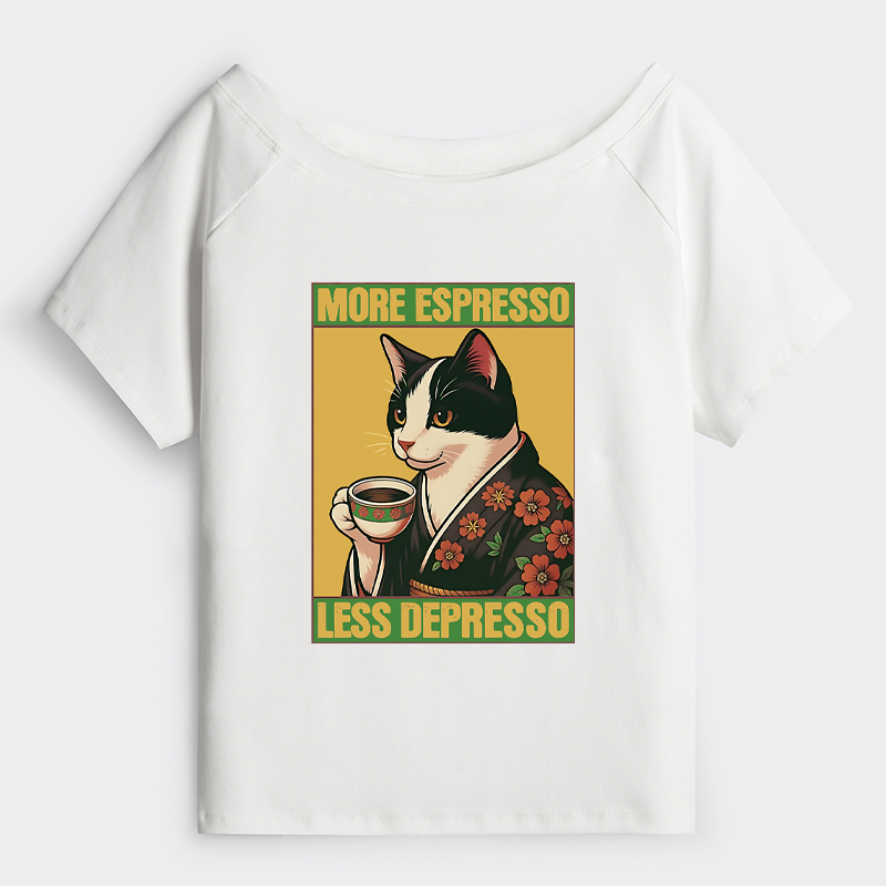 Tokyo-Tiger Tuxedo Cat Drinking Coffee Off Shoulder T-Shirt