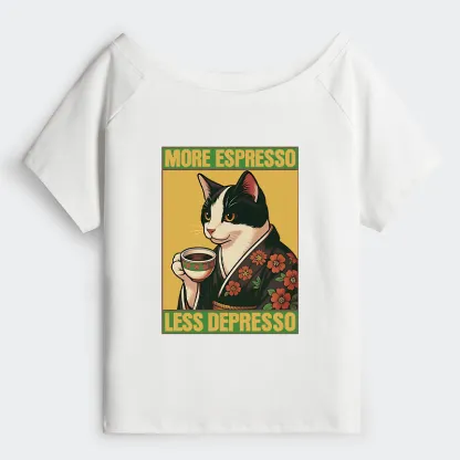 Tokyo-Tiger Tuxedo Cat Drinking Coffee Off Shoulder T-Shirt