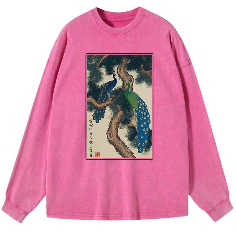 Tokyo-Tiger Peacocks in Snowy Pines Washed Long Sleeve T-Shirt