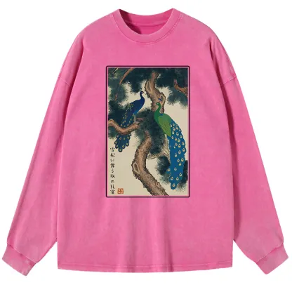 Tokyo-Tiger Peacocks in Snowy Pines Washed Long Sleeve T-Shirt