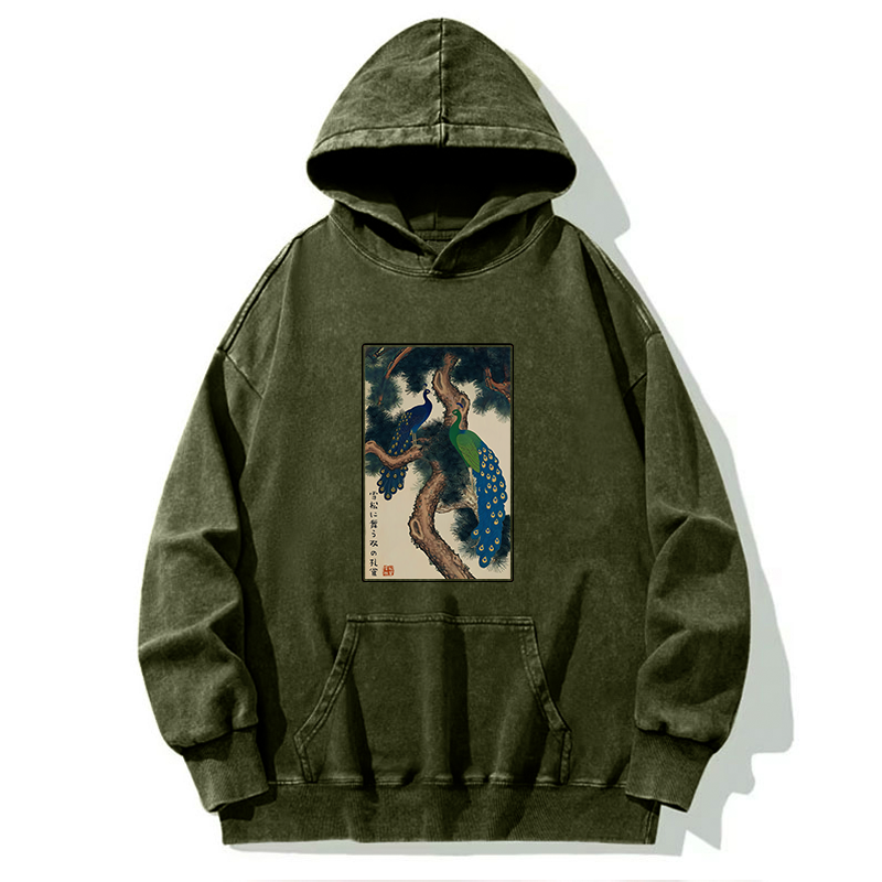 Tokyo-Tiger Peacocks in Snowy Pines Washed Hoodie