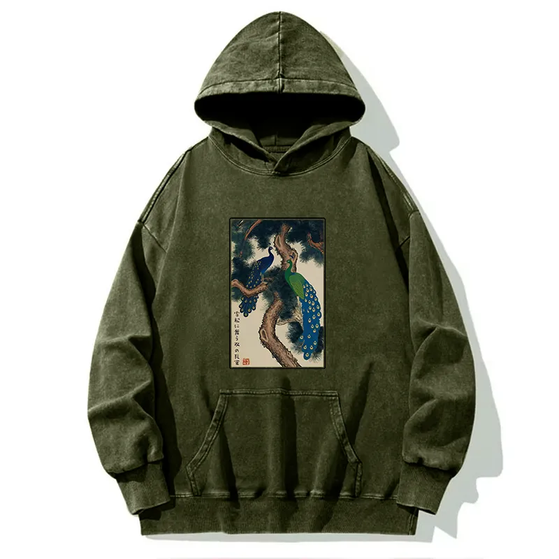 Tokyo-Tiger Peacocks in Snowy Pines Washed Hoodie