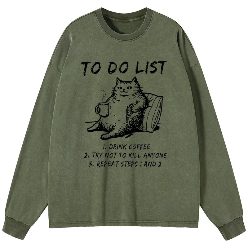 Tokyo-Tiger Cat's To-Do List Washed Long Sleeve T-Shirt