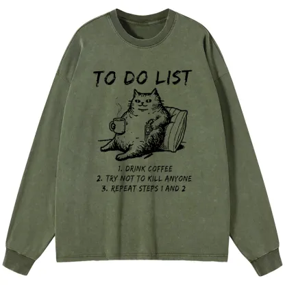 Tokyo-Tiger Cat's To-Do List Washed Long Sleeve T-Shirt
