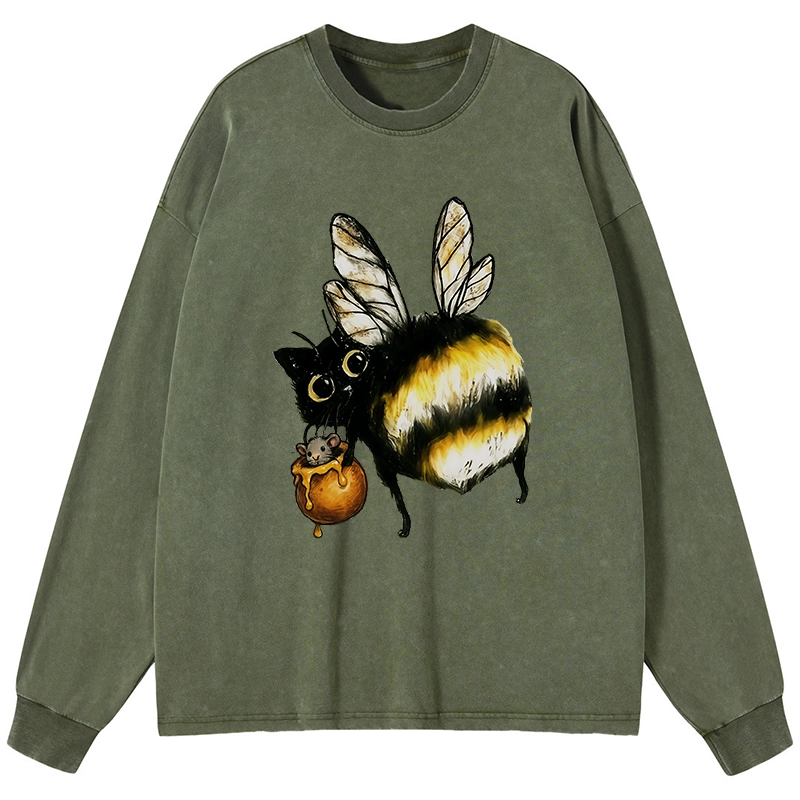 Tokyo-Tiger Cute Catbee Butt Washed Long Sleeve T-Shirt