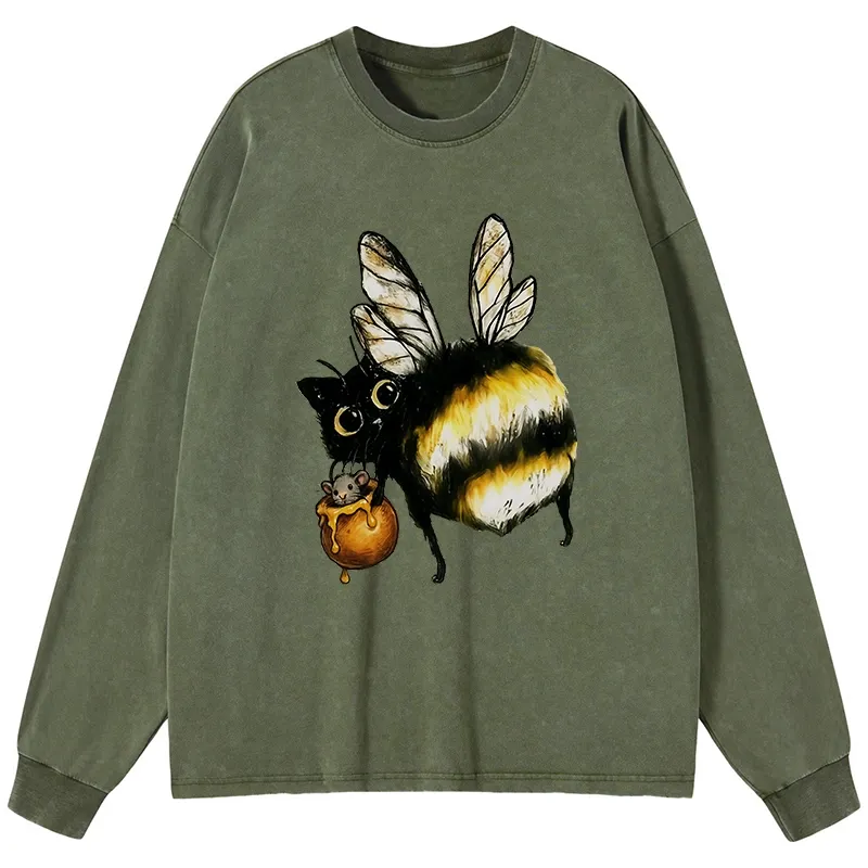 Tokyo-Tiger Cute Catbee Butt Washed Long Sleeve T-Shirt