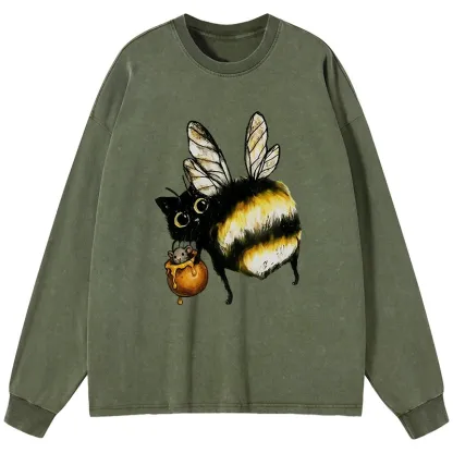 Tokyo-Tiger Cute Catbee Butt Washed Long Sleeve T-Shirt