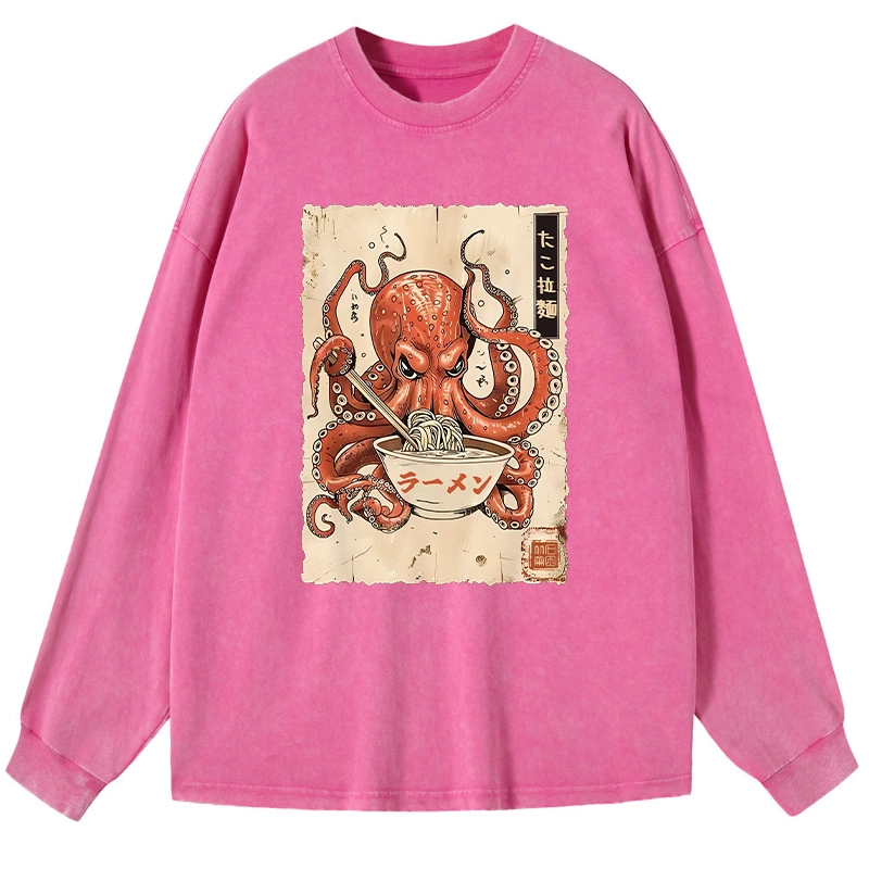 Tokyo-Tiger Retro Octopus Eating Ramen Washed Long Sleeve T-Shirt