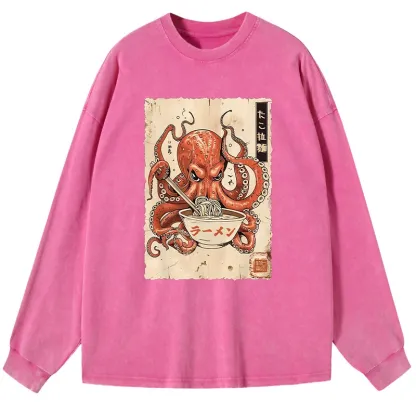 Tokyo-Tiger Retro Octopus Eating Ramen Washed Long Sleeve T-Shirt
