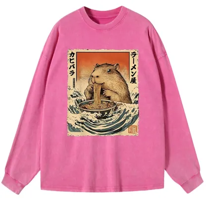 Tokyo-Tiger Hamster Eating Ramen Washed Long Sleeve T-Shirt