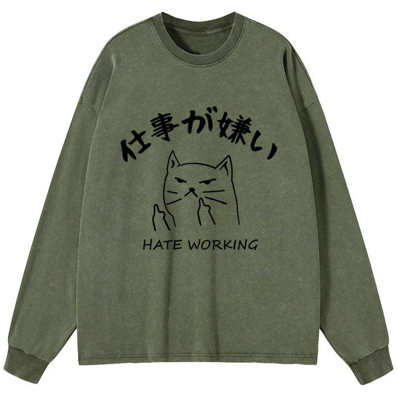 Tokyo-Tiger A Cat That Hates Work Washed Long Sleeve T-Shirt-tokyo-tiger