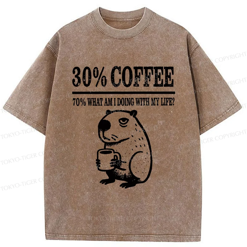 Tokyo-Tiger Capybara Drinking Coffee Washed T-Shirt