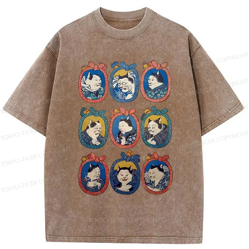 Tokyo-Tiger Ukiyo-e Cat Portrait Washed T-Shirt