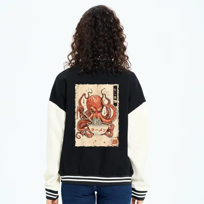 Tokyo-Tiger Retro Octopus Eating Ramen Varsity Jacket