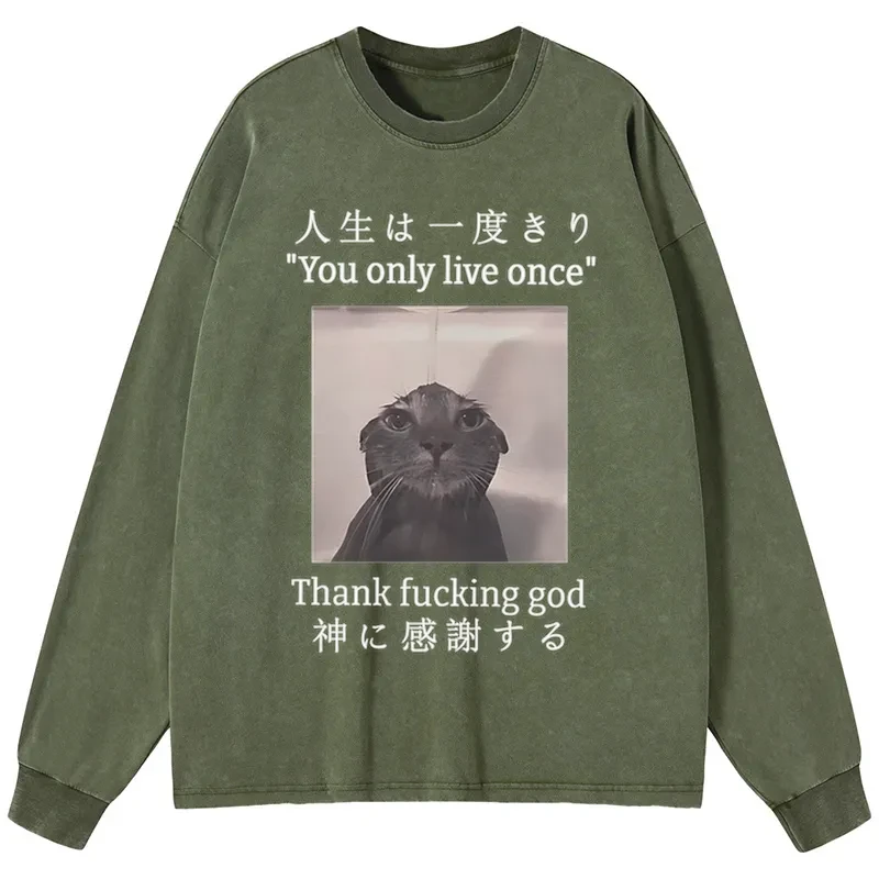 Tokyo-Tiger Funny Melancholy Cat Washed Long Sleeve T-Shirt