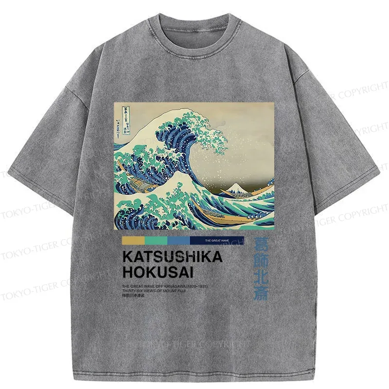 Tokyo-Tiger Japanese Ukiyo-e Waves Washed T-Shirt