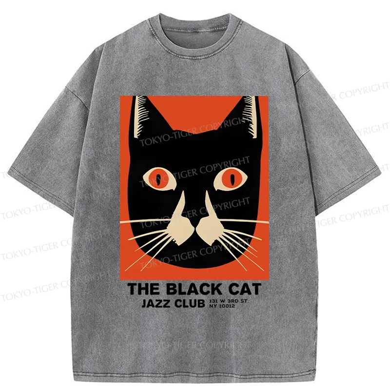 Tokyo-Tiger Minimalist Black Cat Washed T-Shirt