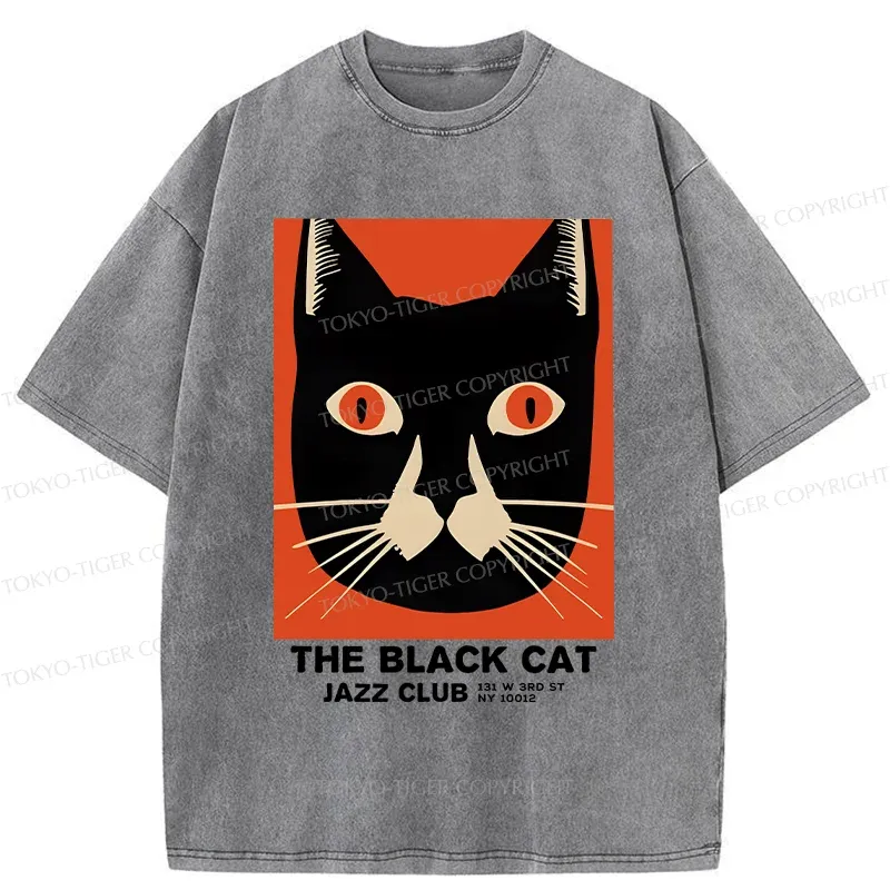 Tokyo-Tiger Minimalist Black Cat Washed T-Shirt