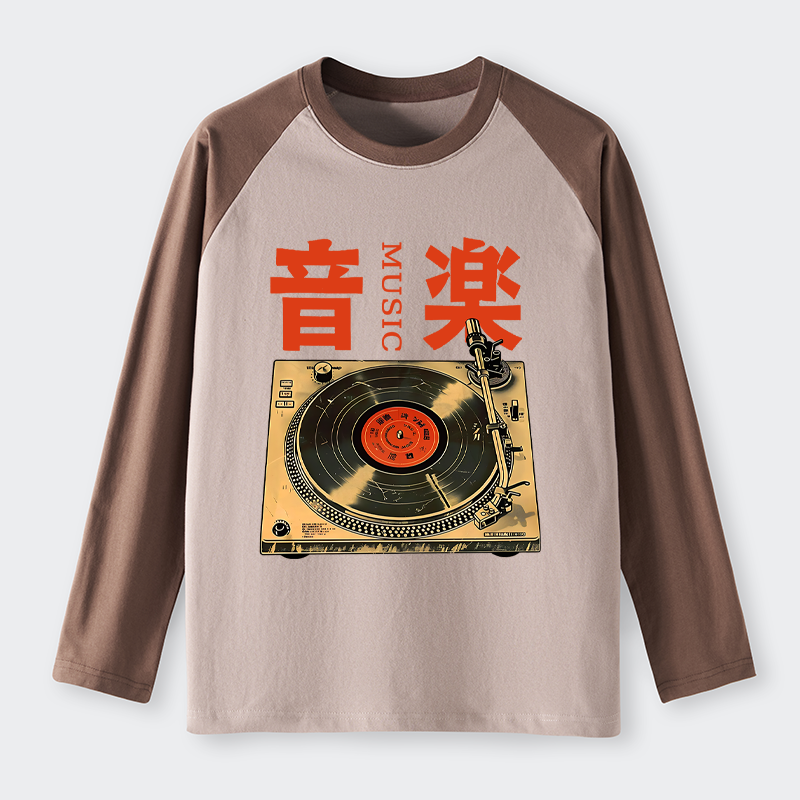 Tokyo-Tiger Retro Music Record Player Raglan Long Sleeve T-shirt