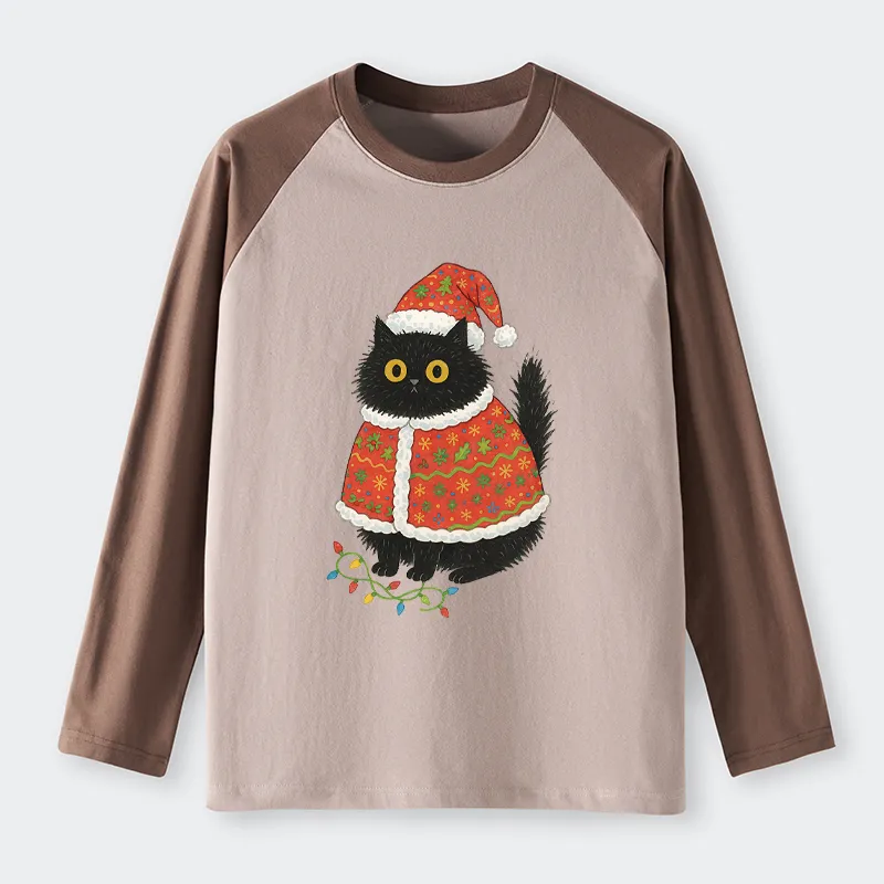 Tokyo-Tiger Cat Wearing Santa Hat Raglan Long Sleeve T-shirt