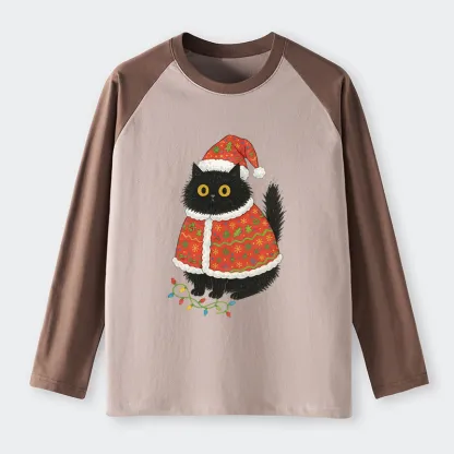 Tokyo-Tiger Cat Wearing Santa Hat Raglan Long Sleeve T-shirt