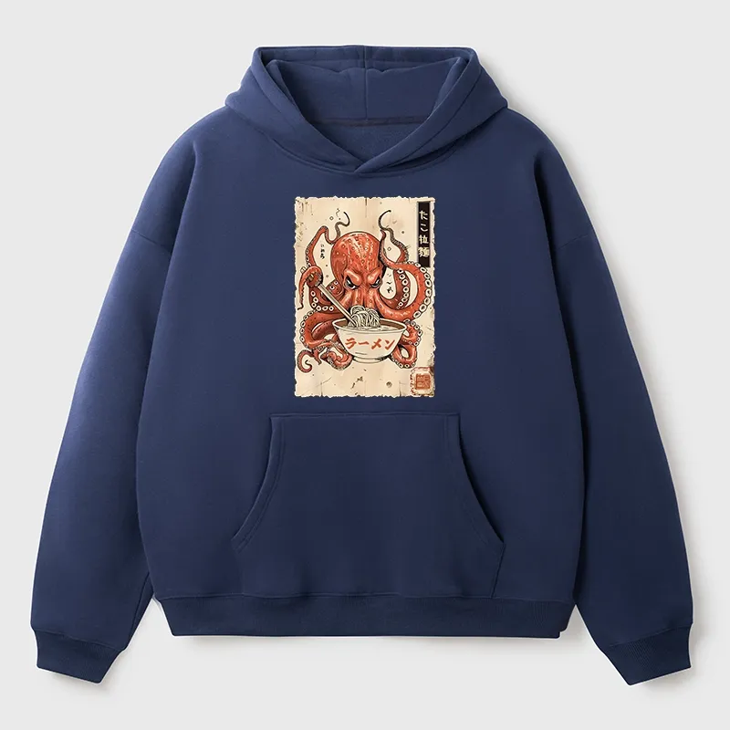 Tokyo-Tiger Retro Octopus Eating Ramen Aldult Fleece Hoodie