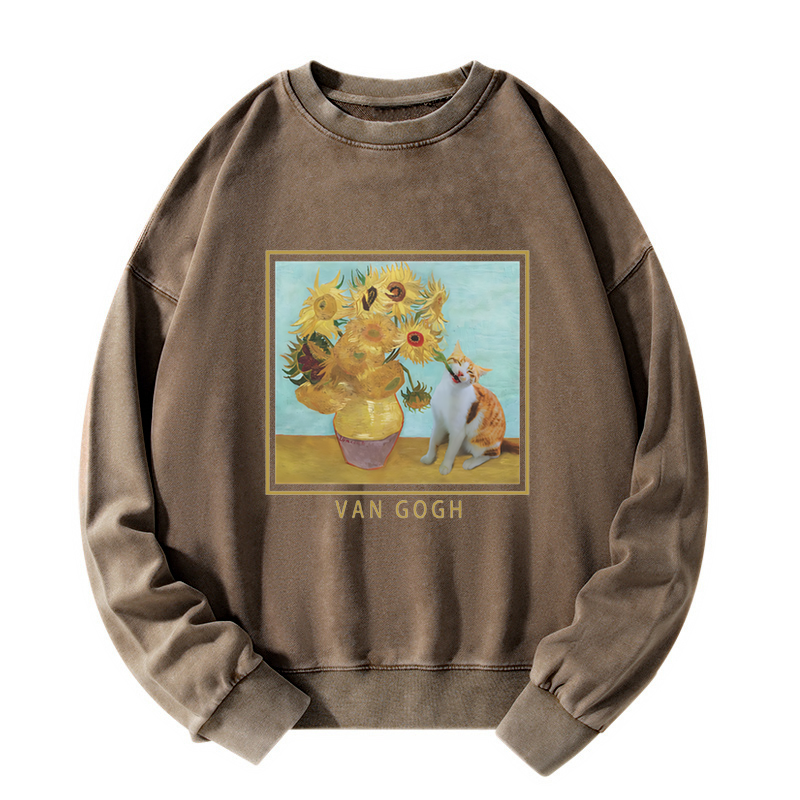 Tokyo-Tiger Naughty Cat Biting Sunflower Washed Sweatshirt