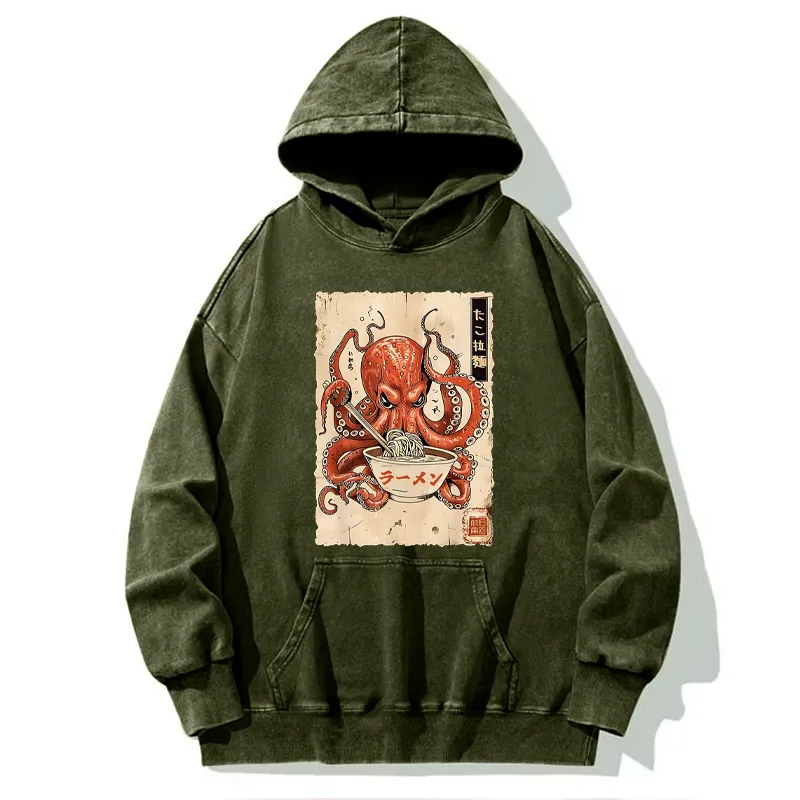 Tokyo-Tiger Retro Octopus Eating Ramen Washed Hoodie