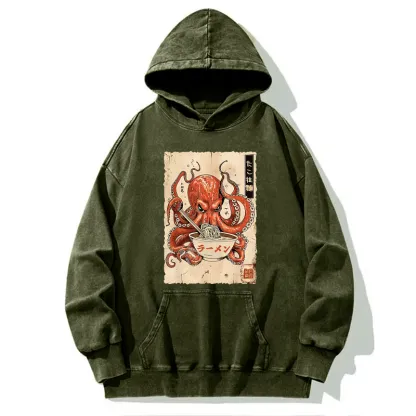 Tokyo-Tiger Retro Octopus Eating Ramen Washed Hoodie