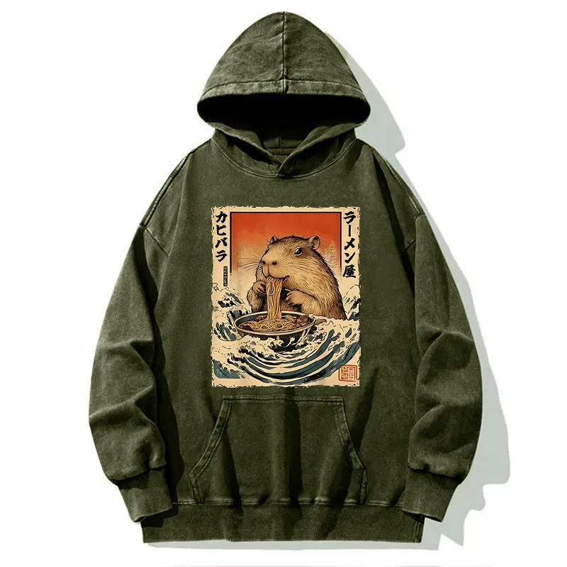 Tokyo-Tiger Hamster Eating Ramen Washed Hoodie
