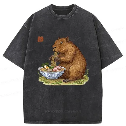 Tokyo-Tiger Capybara Eating Delicious Ramen Washed T-Shirt