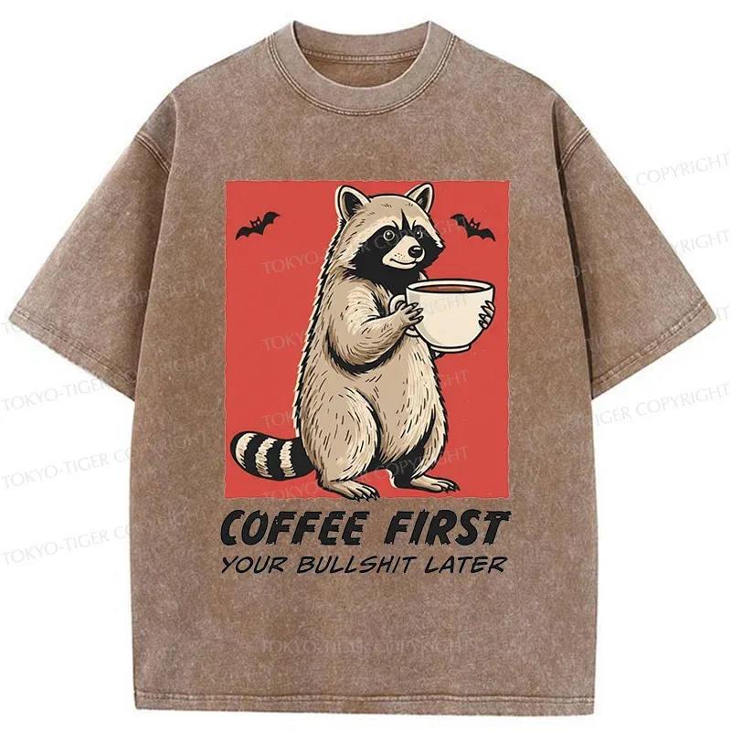 Tokyo-Tiger Raccoon Drinking Coffee Washed T-Shirt
