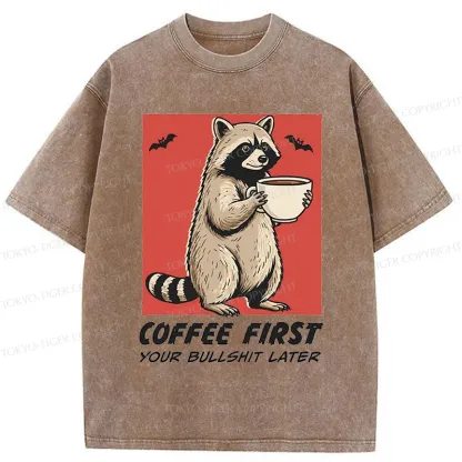 Tokyo-Tiger Raccoon Drinking Coffee Washed T-Shirt