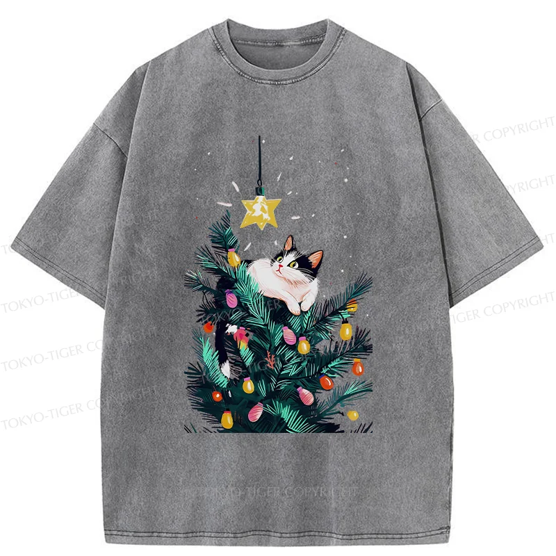 Tokyo-Tiger Cute Christmas Cat Washed T-Shirt